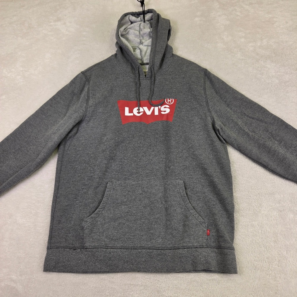 Levis Mens Batwing Graphic Logo Hoodie Heather Grey Fleece Pullover Large